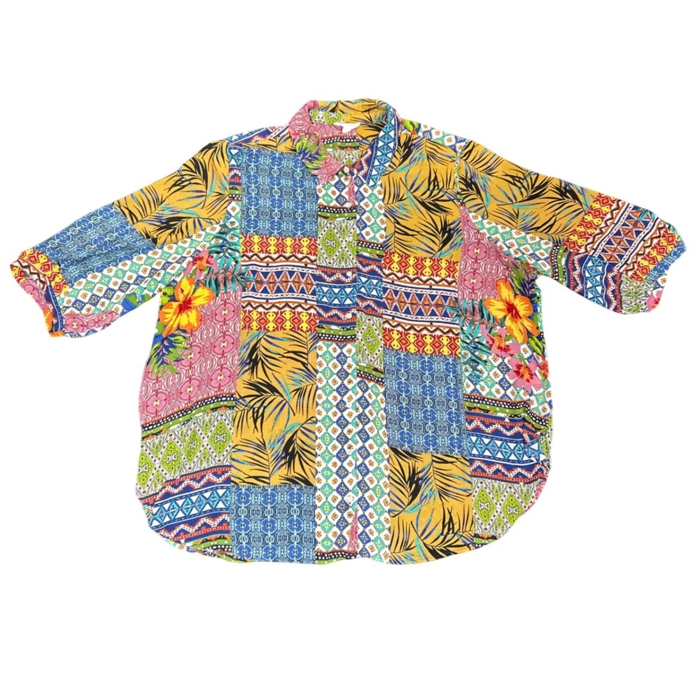 Cynthia Rowley Shirt Womens 3X Plus‎ Patchwork Tropical Floral Short Sleeve